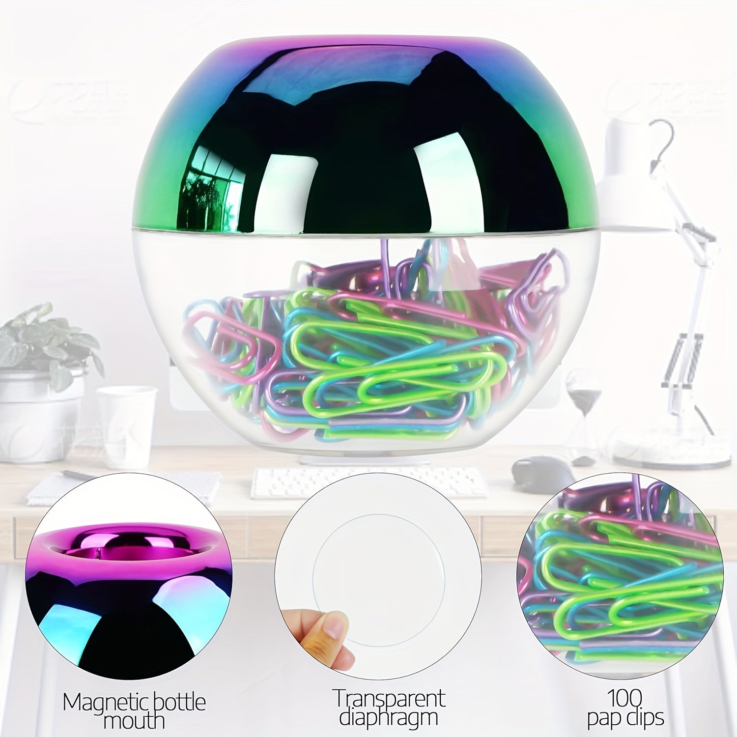 100pcs 28mm Paper Clips in Round Paper Clip Dispenser Holder with Magnetic Lid Ring for Office School Home Organizer Accessories Gift Idea