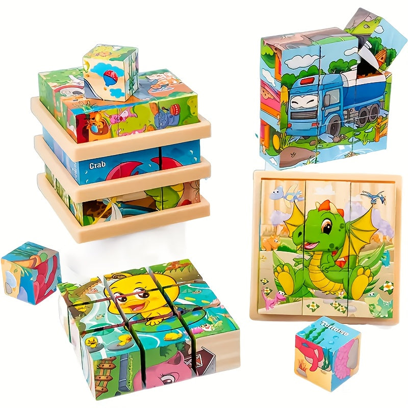 Six sides Wooden Blocks Cube Puzzles for Kids - Wooden Jigsaw Puzzles 9 Cubes Blocks, Ocean World Animals Theme, Educational Toy for Concentration, Sorting, Logical Thinking, Ideal for Festive Gifts