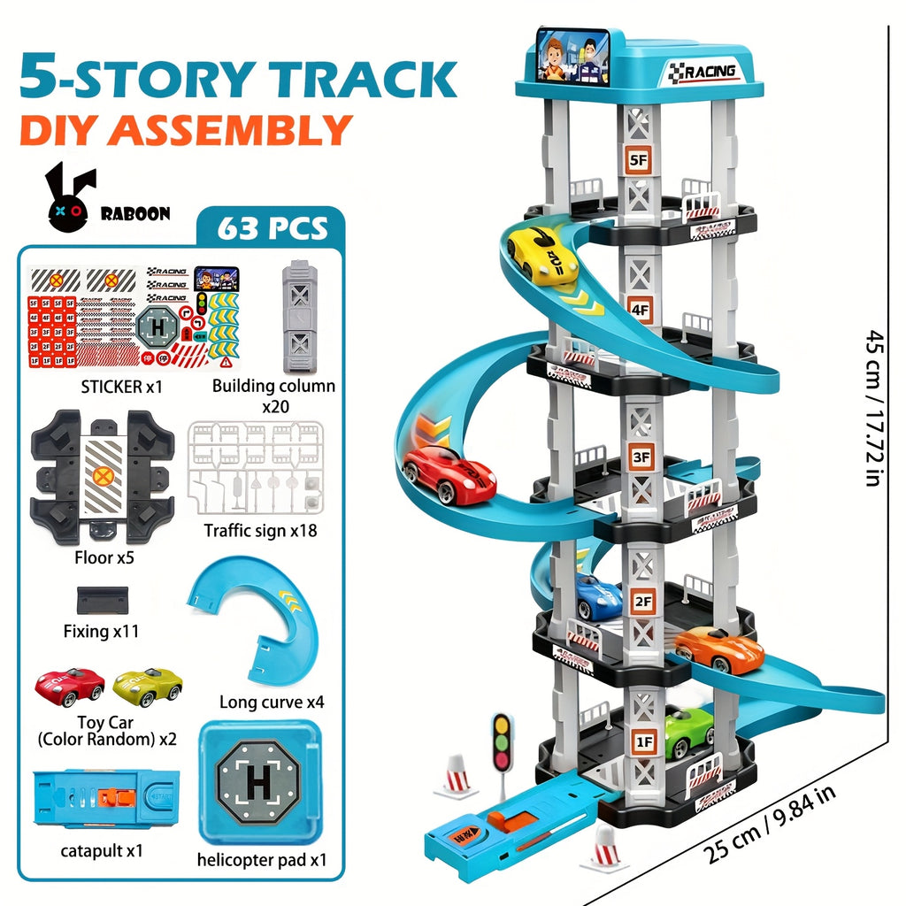 Five-Level 3D Parking Garage Track Set with 2 Race Cars, Launcher, Curved Drift Track, and Helicopter Landing Pad, DIY Assembly Educational Toy for Parent-Child Interaction and Hand-Eye Coordination, Ideal Birthday and Christ