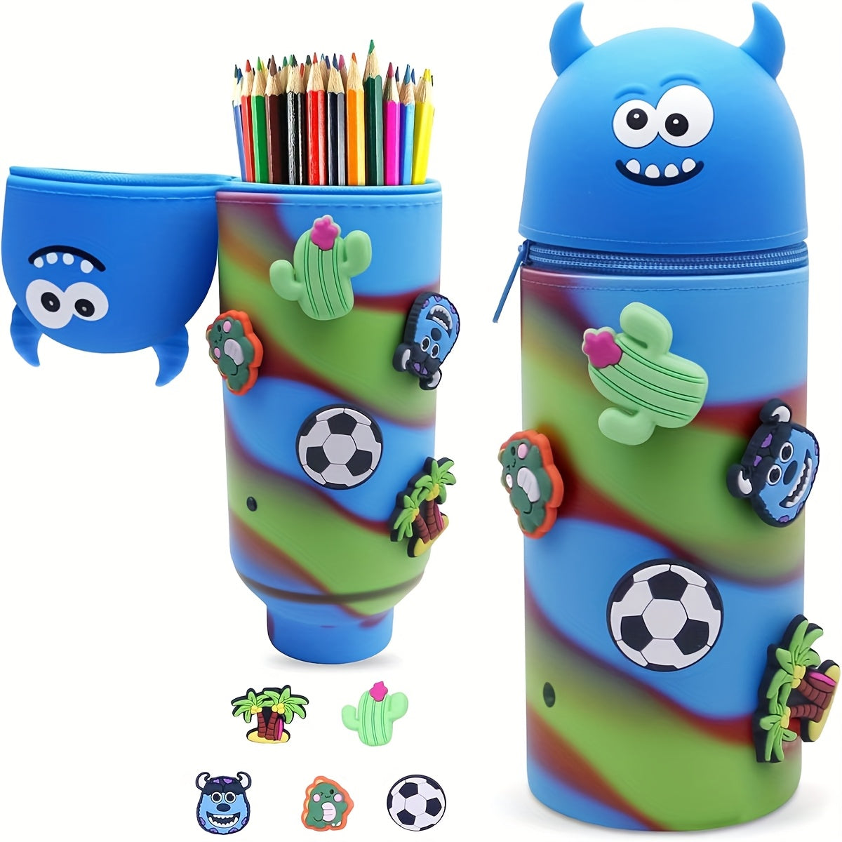 Silicone Pencil Case, 2-in-1 Cute Blue Monster Stationery Pouch, Multi-functional Design, Large Capacity Zippered Roll-up Pen Bag, Expandable Silicone Desktop Pencil Holder, Creative School Supplies