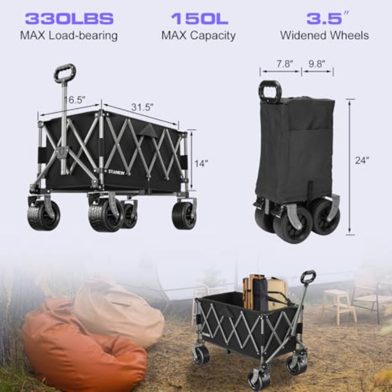 Collapsible Utility Wagon Trolley | Heavy Duty Foldable Garden Cart/Beach Cart with 149.69KG Weight Capacity, 190L Capacity, Iron and Plastic Material, Adjustable Handle and Brakes, No Electricity Required