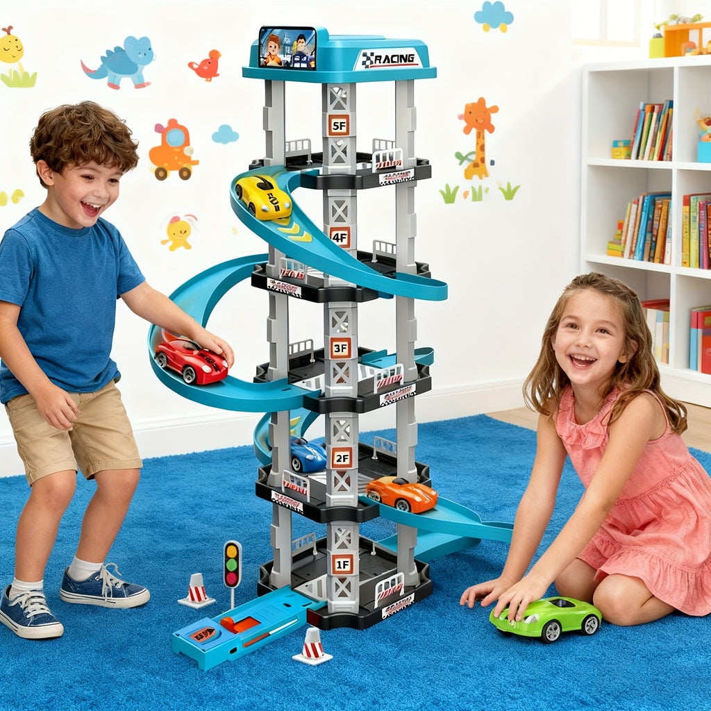 Five-Level 3D Parking Garage Track Set with 2 Race Cars, Launcher, Curved Drift Track, and Helicopter Landing Pad, DIY Assembly Educational Toy for Parent-Child Interaction and Hand-Eye Coordination, Ideal Birthday and Christ