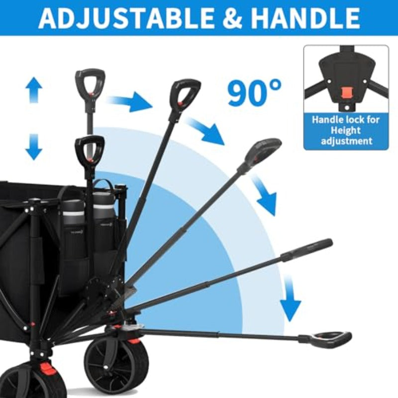 260L Heavy Duty Collapsible Utility Wagon | Foldable Garden/Beach Cart with 199.58KG Weight Capacity, Adjustable Handle, Mesh Cup Holder, and Brakes, Iron and Plastic Construction, No Electricity Required