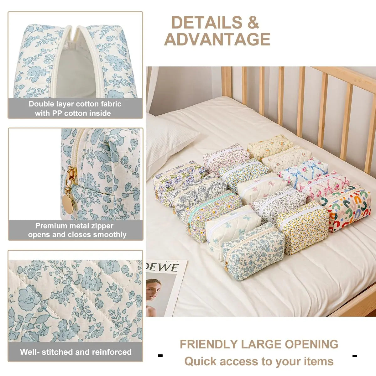 Storage - Organizer Floral Puffy Quilted Makeup Bag Flower Printed Cosmetic Pouch Large Travel Cosmetic Bag Make up Aesthetic