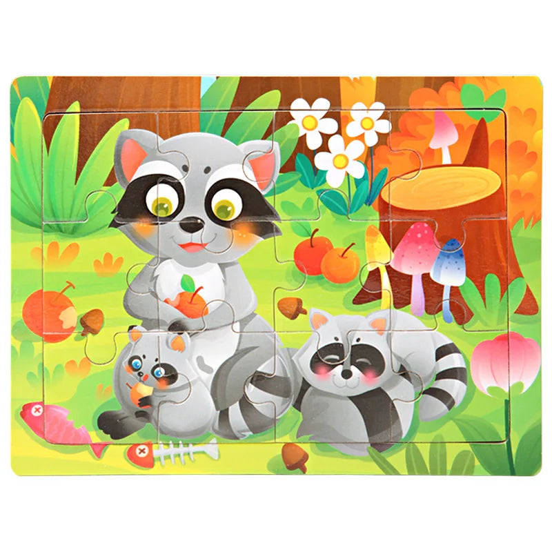 15*11cm 12pcs Wood Puzzle Kids Educational Toys Cartoon Animal/Traffic 3dD Wooden Puzzle Jigsaw Toys For Children Gifts