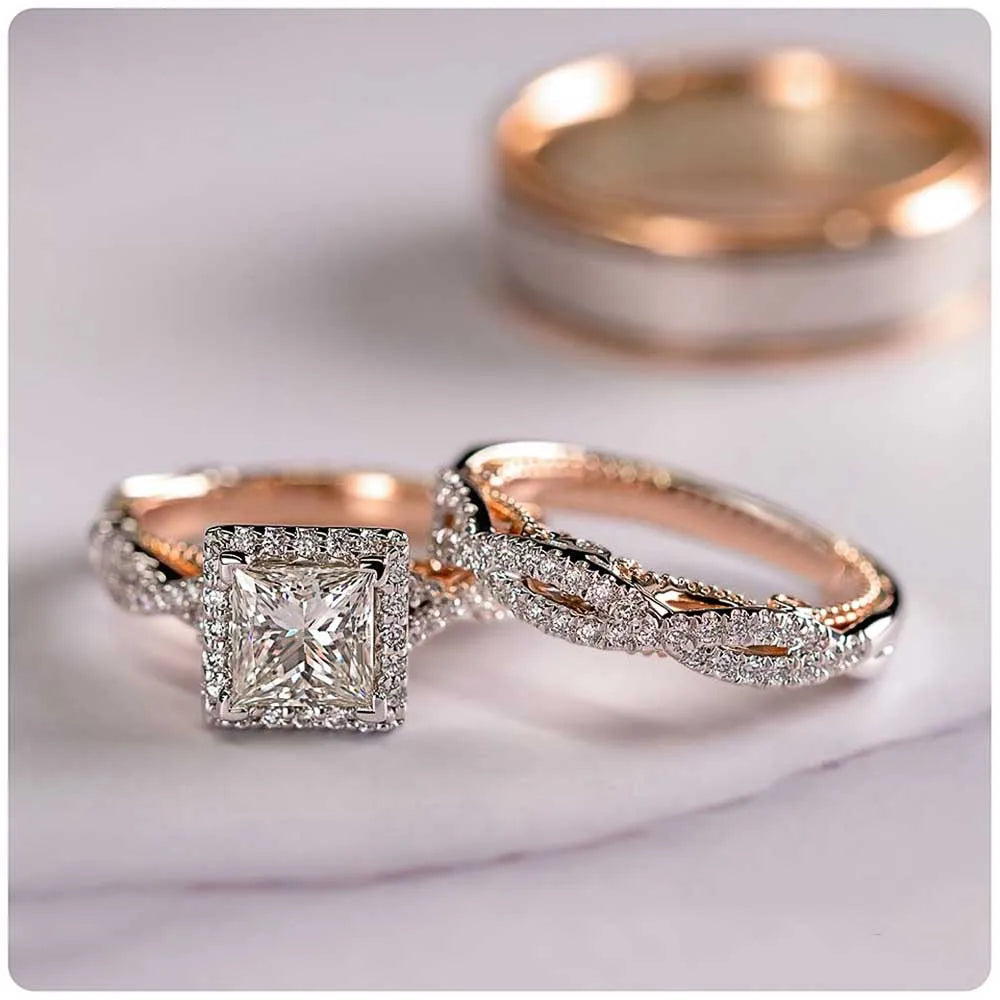 Eternia - 
Huitan Luxury Princess Cut Cubic Zircon Bridal Marriage Set Rings Elegant Accessories Brilliant Women Men Wedding Trendy Jewelry