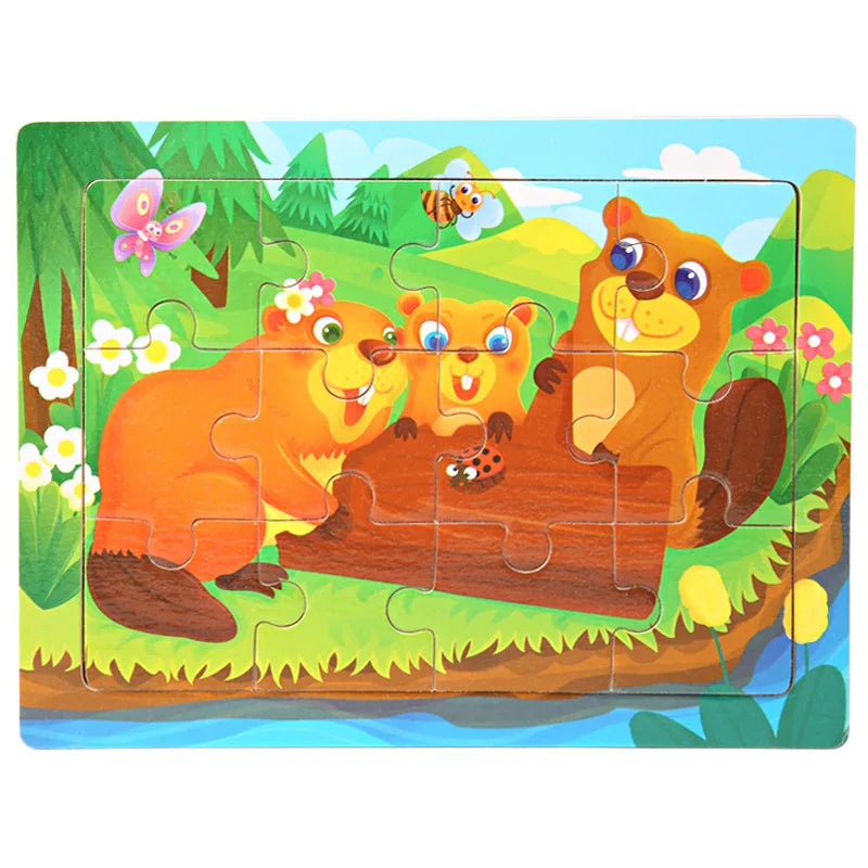 15*11cm 12pcs Wood Puzzle Kids Educational Toys Cartoon Animal/Traffic 3dD Wooden Puzzle Jigsaw Toys For Children Gifts