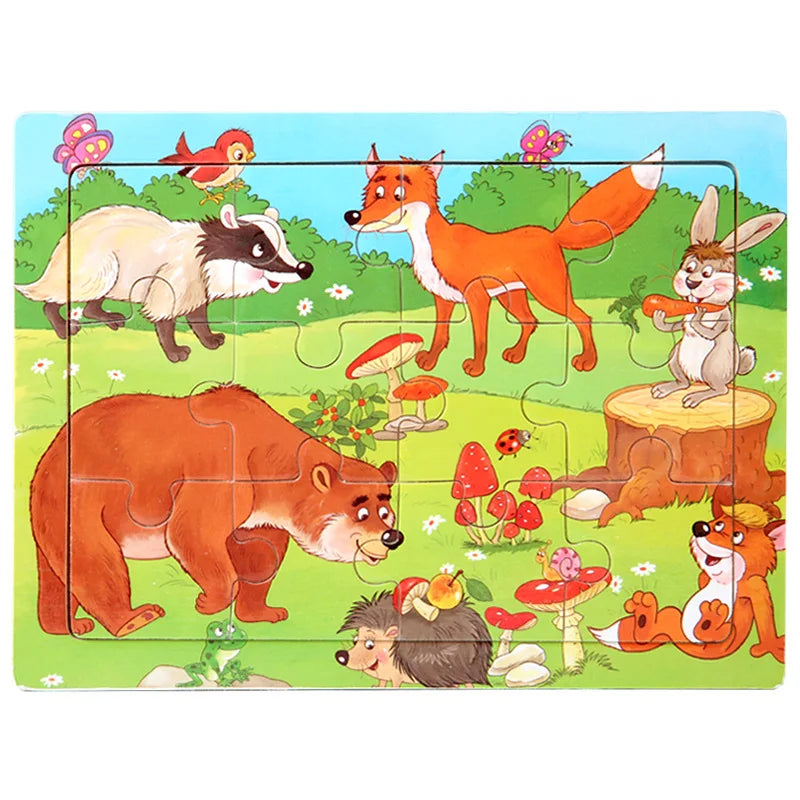 15*11cm 12pcs Wood Puzzle Kids Educational Toys Cartoon Animal/Traffic 3dD Wooden Puzzle Jigsaw Toys For Children Gifts