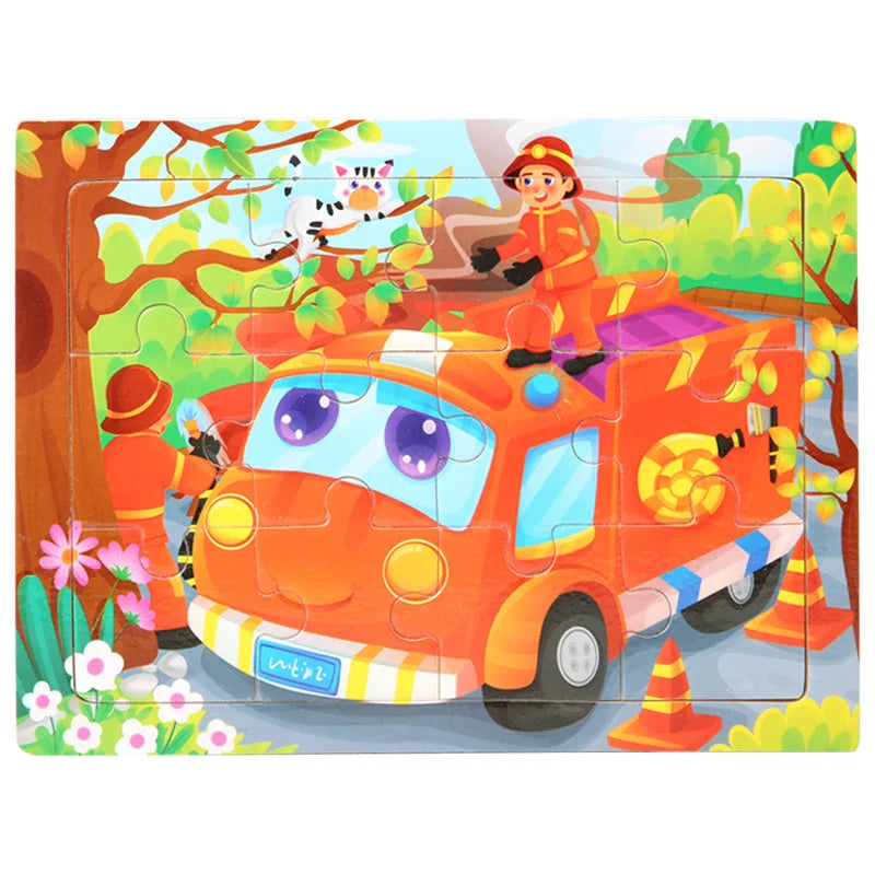 15*11cm 12pcs Wood Puzzle Kids Educational Toys Cartoon Animal/Traffic 3dD Wooden Puzzle Jigsaw Toys For Children Gifts