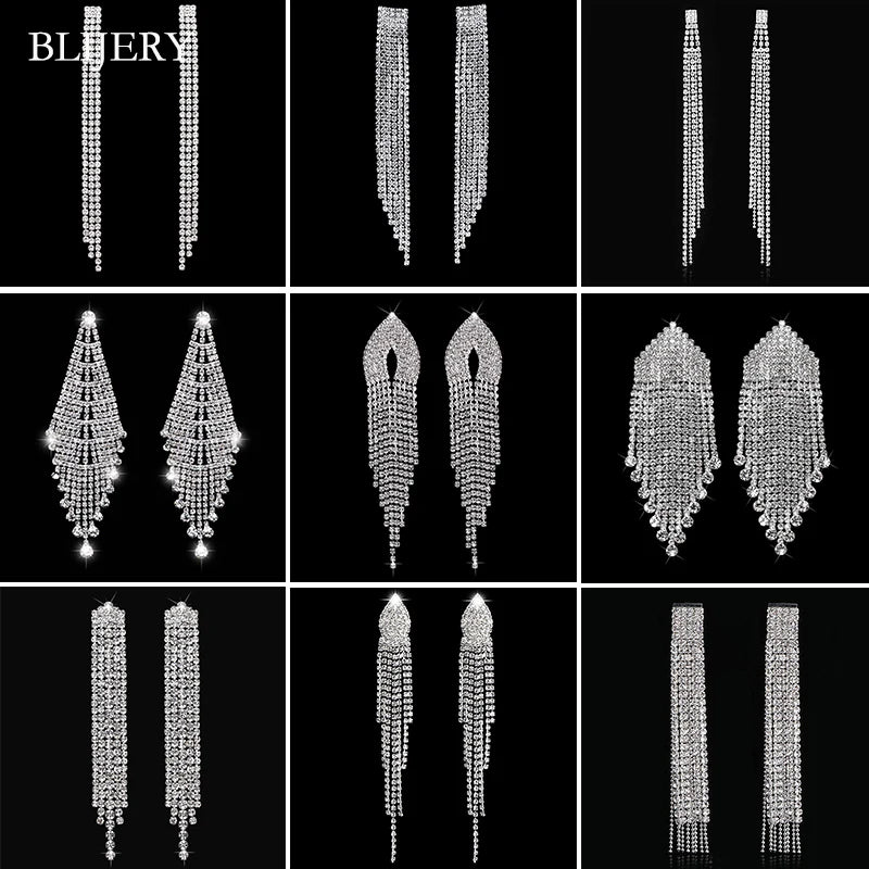 Brillessa - BLIJERY Bling Rhinestone Crystal Long Tassel Drop Earrings for Women Big Hanging Dangle Earrings Brincos Bridal Wedding Jewelry
