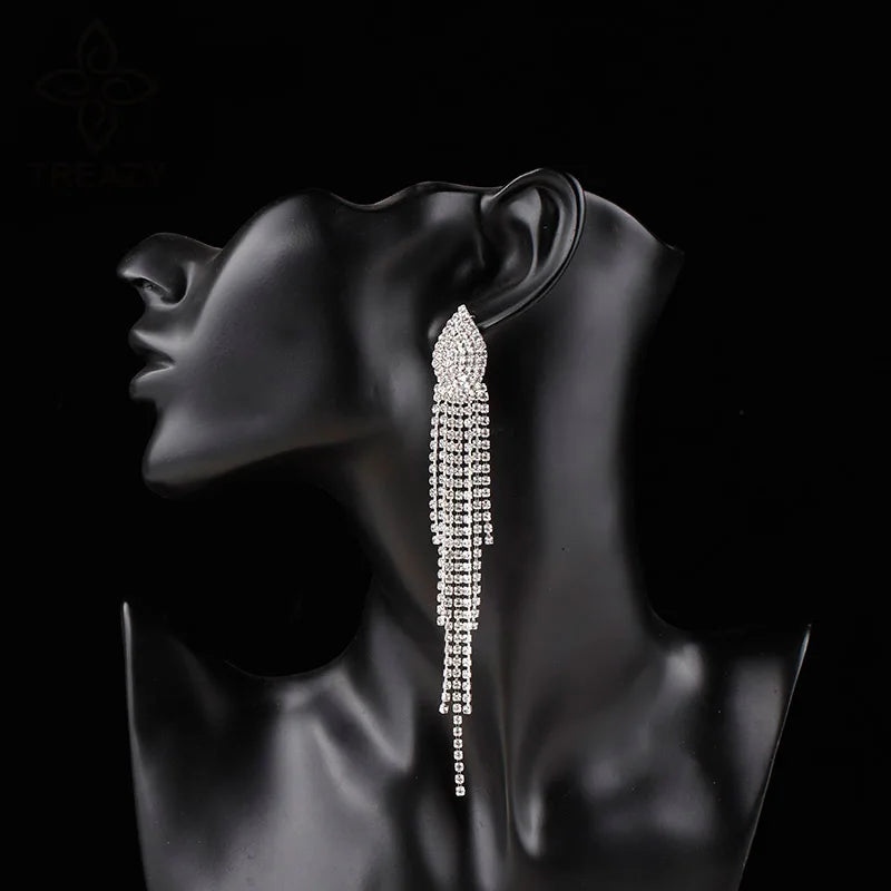 Brillessa - BLIJERY Bling Rhinestone Crystal Long Tassel Drop Earrings for Women Big Hanging Dangle Earrings Brincos Bridal Wedding Jewelry