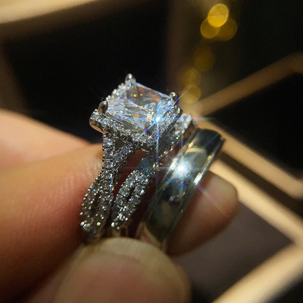 Eternia - 
Huitan Luxury Princess Cut Cubic Zircon Bridal Marriage Set Rings Elegant Accessories Brilliant Women Men Wedding Trendy Jewelry