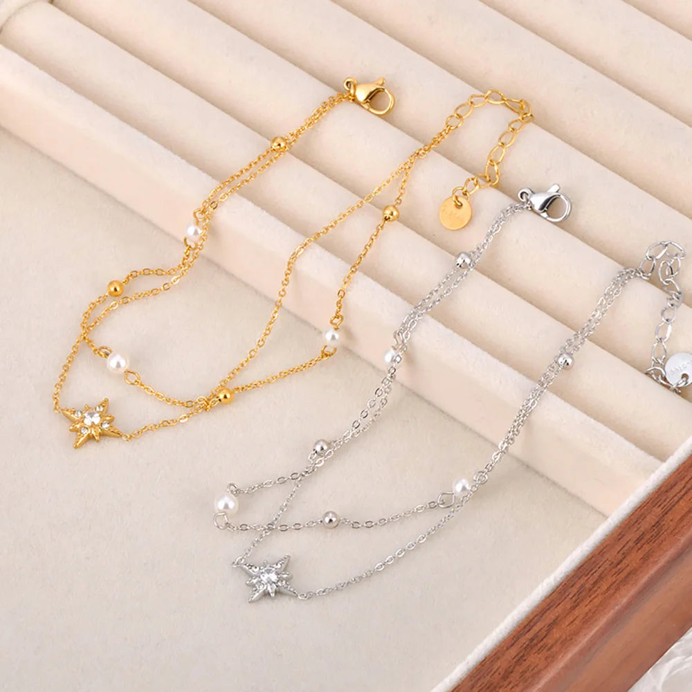 Bohera- 
Lokaer Boho Double Layer White Pearl Chain Link Anklet For Women 316L Stainless Steel CZ Crystal Star Jewelry Ножные цепи A24018
