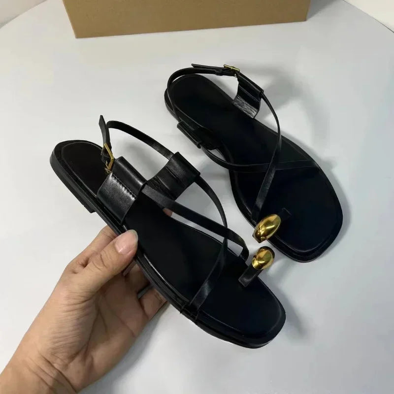 CALYSSA - 2025 Summer Flat Sandals for Woman Fashion Metal Decoration Ladies Footwear Breathable Cross Strap Casual Clip Toe Beach Shoes