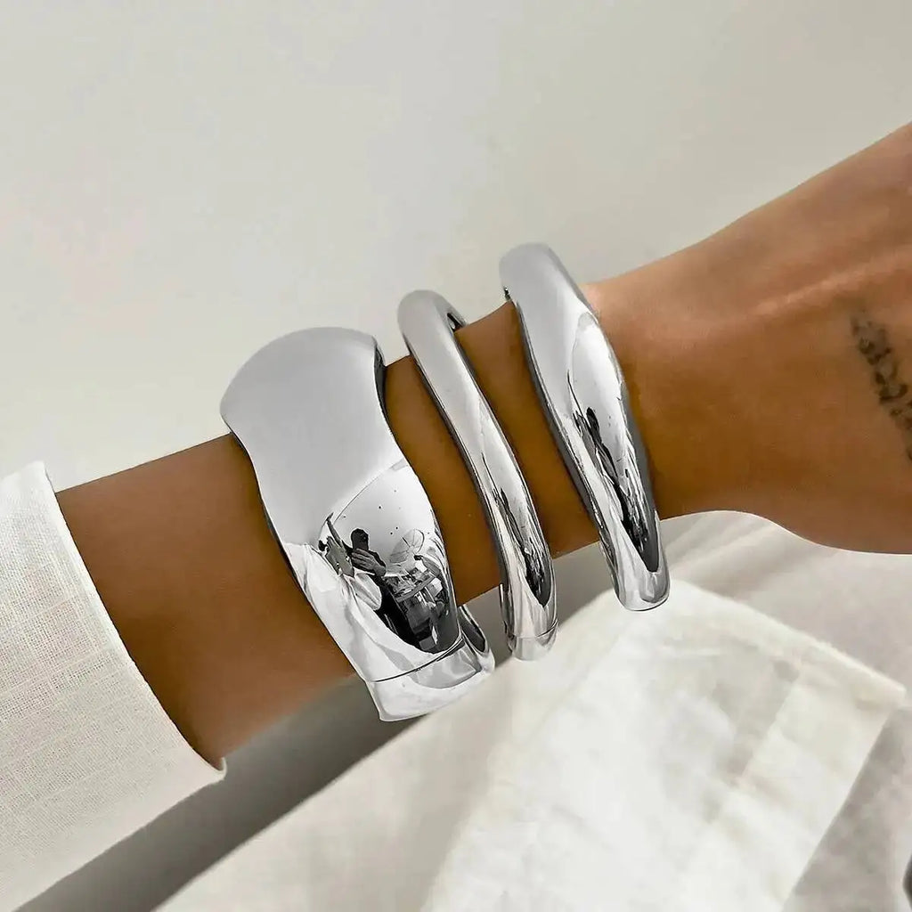 Metalora - Ingemark 3 Styles Punk Metal Spring Wide Bangles Women Hip Hop Gold Color Geometric Arm Bracelets Grunge Jewelry Steampunk Men