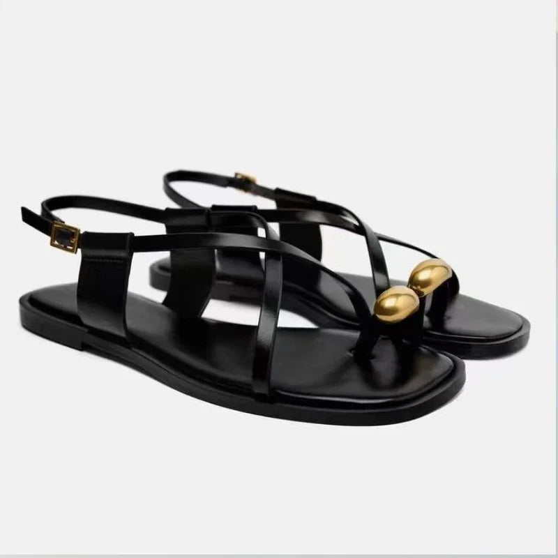 CALYSSA - 2025 Summer Flat Sandals for Woman Fashion Metal Decoration Ladies Footwear Breathable Cross Strap Casual Clip Toe Beach Shoes