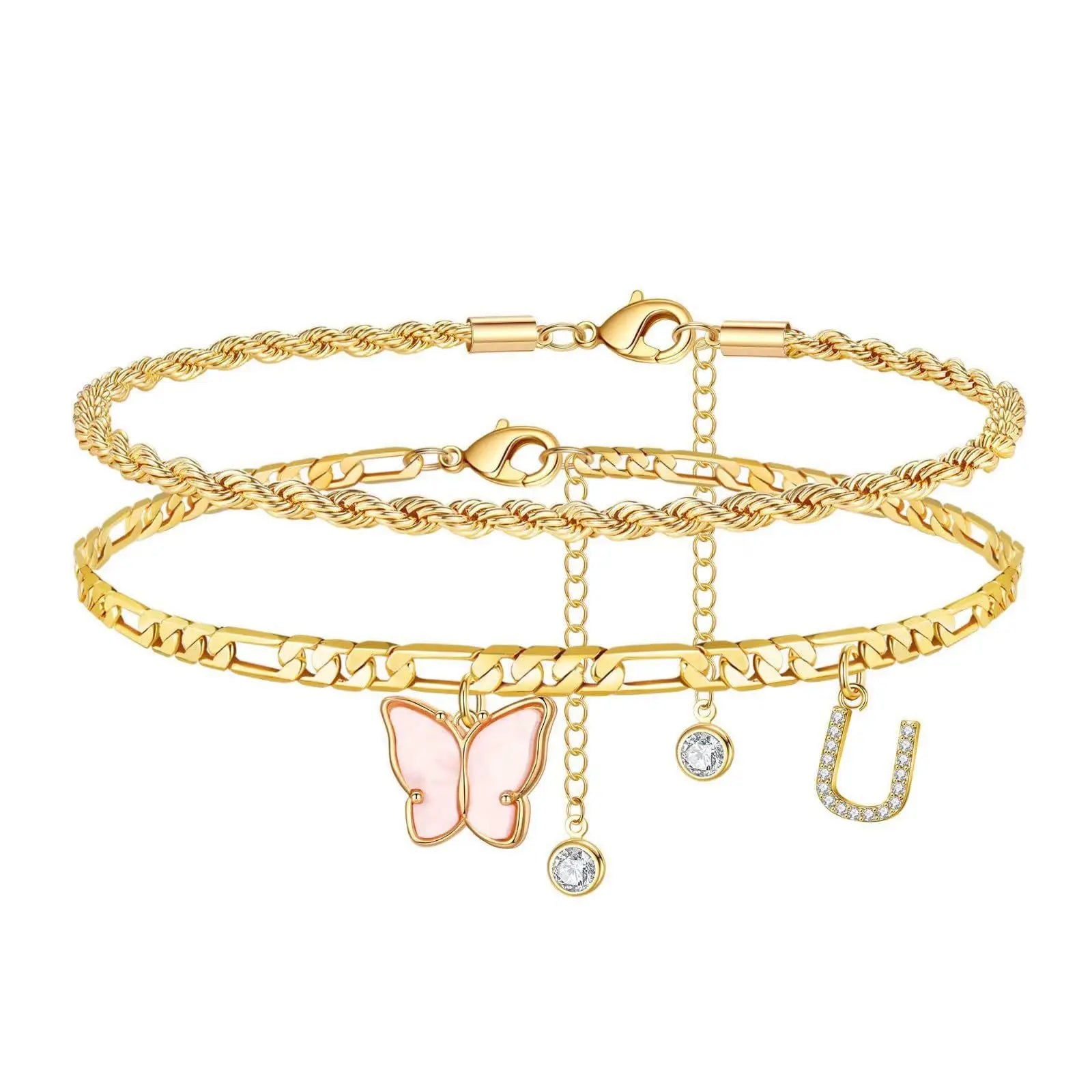 NOVAFLY - 
2Pcs Stainless Steel Initial Anklet Set For Women 26 Letter Acrylic Butterfly Charm Chain On Foot Summer Ankle Bracelet Jewelry