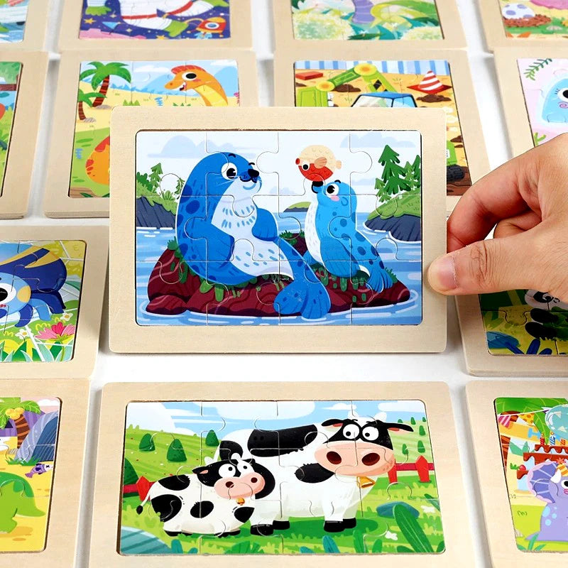 12piece Baby Wooden 3D Puzzle Cartoon Animal Dinosaur Intelligence Jigsaw Wooden Puzzle Game Educational Toys for Children