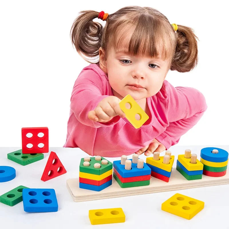 Montessori Wooden Block Toys Children Geometric Shape Color Sorter Block Puzzles Toddler Sorting Math Bricks Stacking Toys