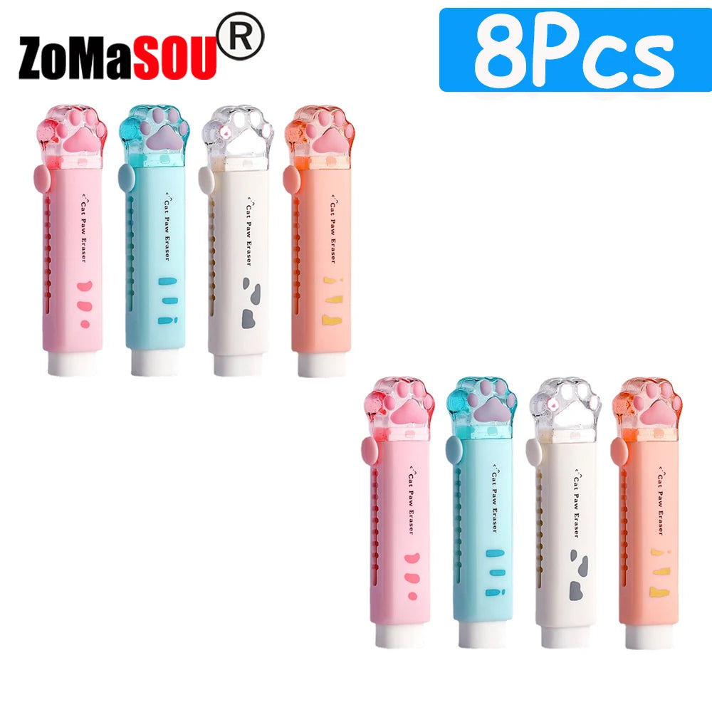 1-8Pcs New! Kawaii Cat Paw Rubber Erasers Retractable Pencil Eraser for Kids Students School Home Office Writing Drawing