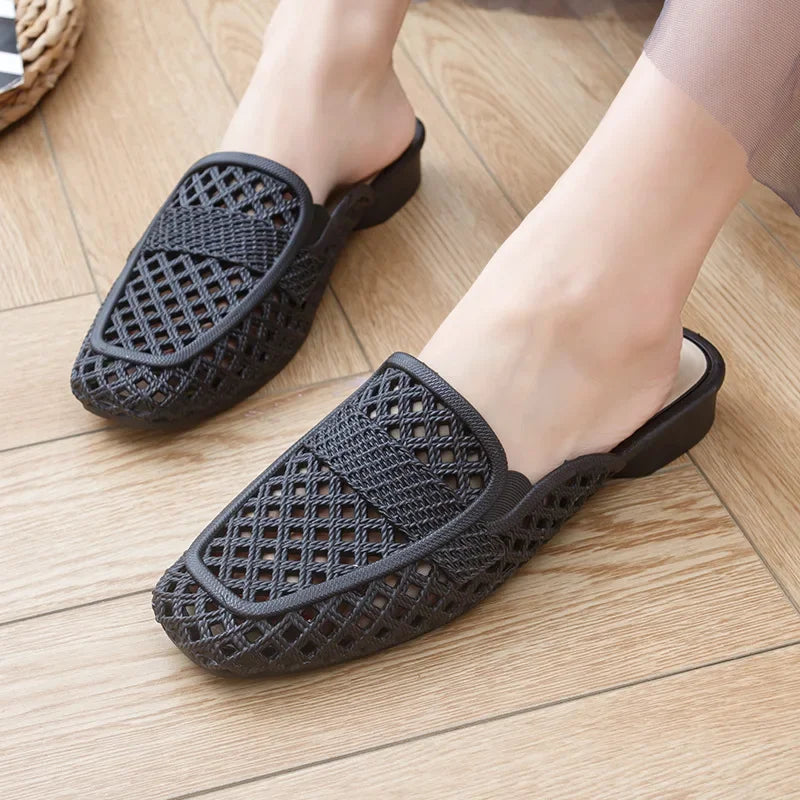 HALOVA - 
2025 New Women's Flat Sandals Open-Toe Summer Fashionable Half Slippers Solid Color Casual Hollow out Flat Bottom Shoes