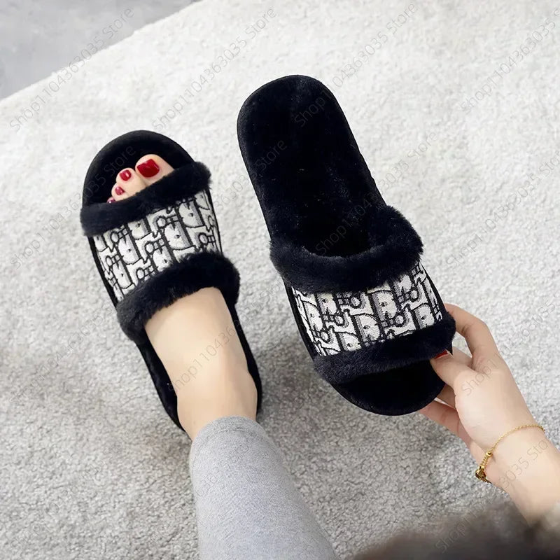 Family Warm - Flat Bottom Slippers For Women's Home Anti Slip Rabbit Hair Fashion Opening Cotton Slippers