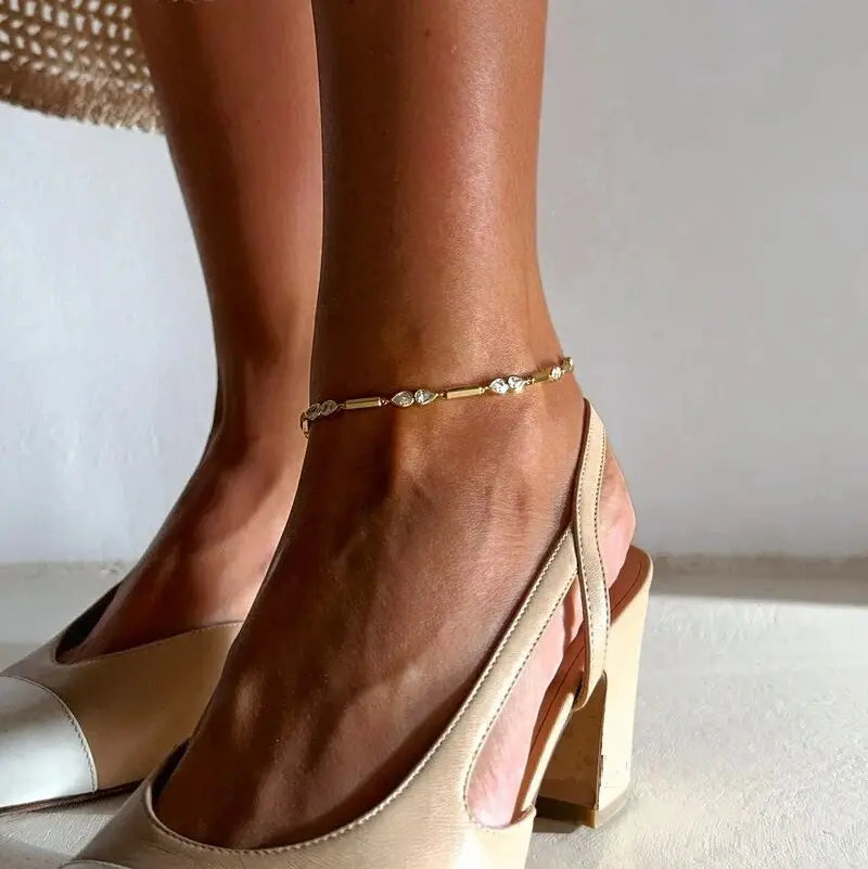 GLINTA - 
2025 New Arrived Gold Color Geometric Bar Tear Drop Cubic Zirconia CZ Link Chain Anklet Women Fashion Jewelry