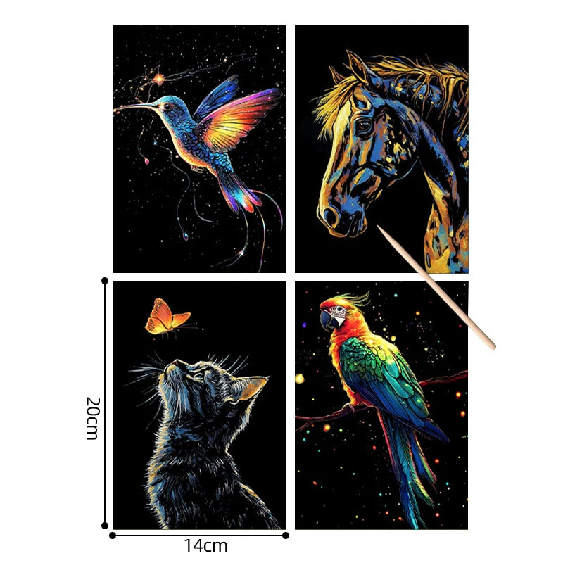 4PCS Glow in Dark Scratch Paper Animals Cards Magic Painting Art with Stylus Stress Relief Drawing Toy DIY Craft Kids Adult Gift