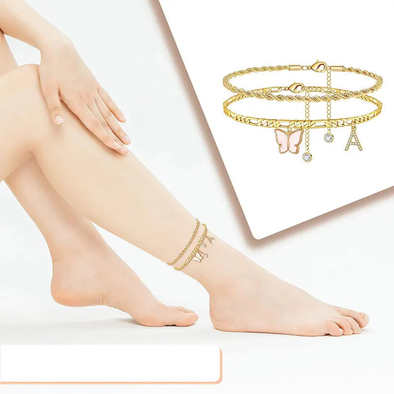 NOVAFLY - 
2Pcs Stainless Steel Initial Anklet Set For Women 26 Letter Acrylic Butterfly Charm Chain On Foot Summer Ankle Bracelet Jewelry