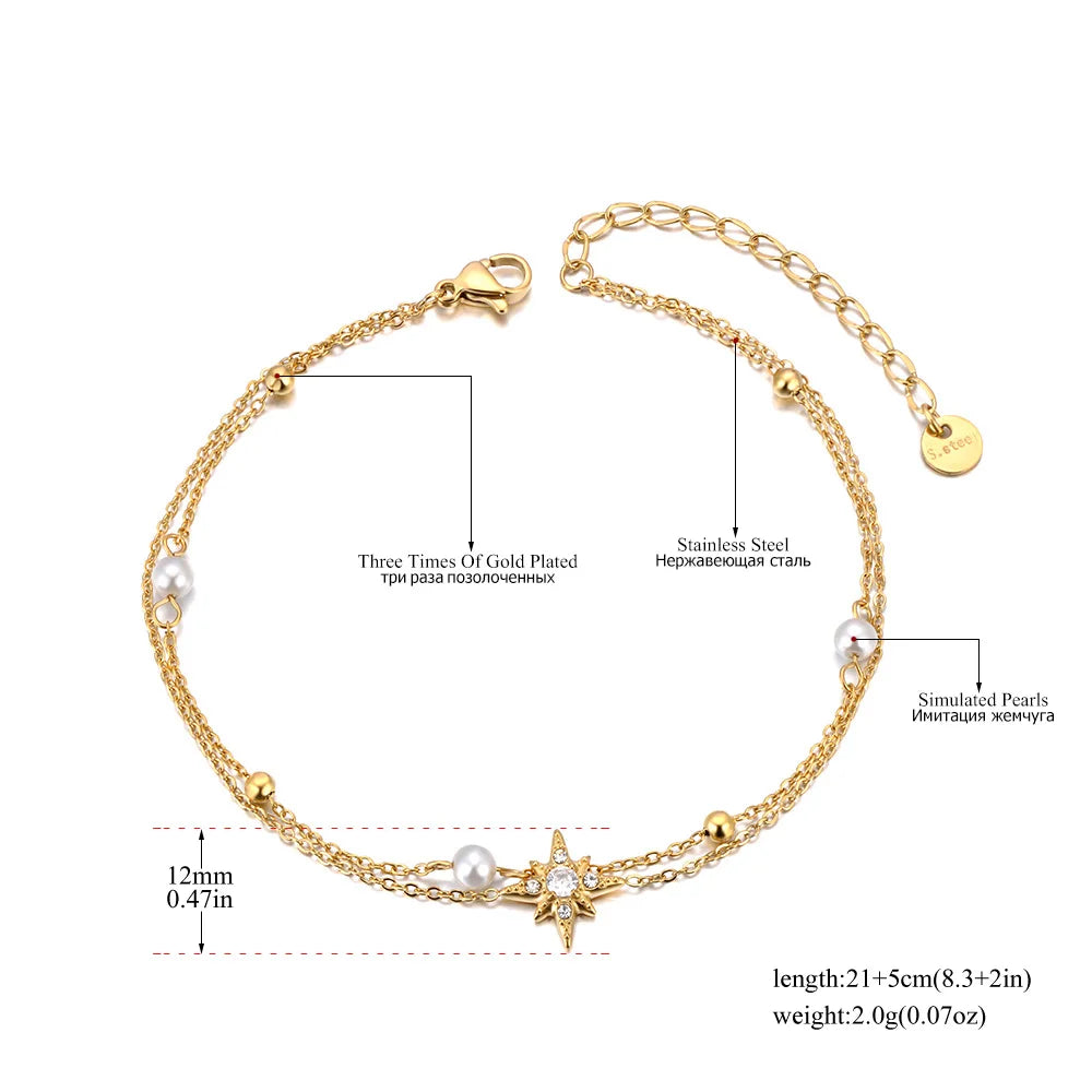Bohera- 
Lokaer Boho Double Layer White Pearl Chain Link Anklet For Women 316L Stainless Steel CZ Crystal Star Jewelry Ножные цепи A24018