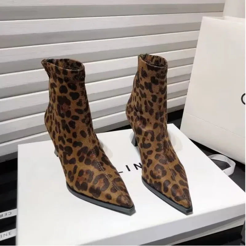 Wildura - Autumn Women's High Heel Leopard Print Ankle Boots New Winter Pointed Head Thin Heel Chelsea Boots for Shoes Dress D503