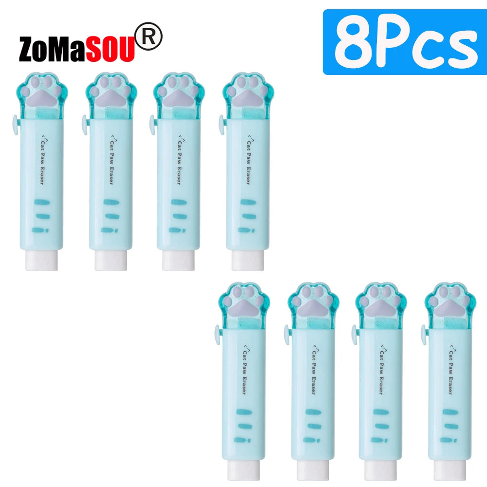 1-8Pcs New! Kawaii Cat Paw Rubber Erasers Retractable Pencil Eraser for Kids Students School Home Office Writing Drawing