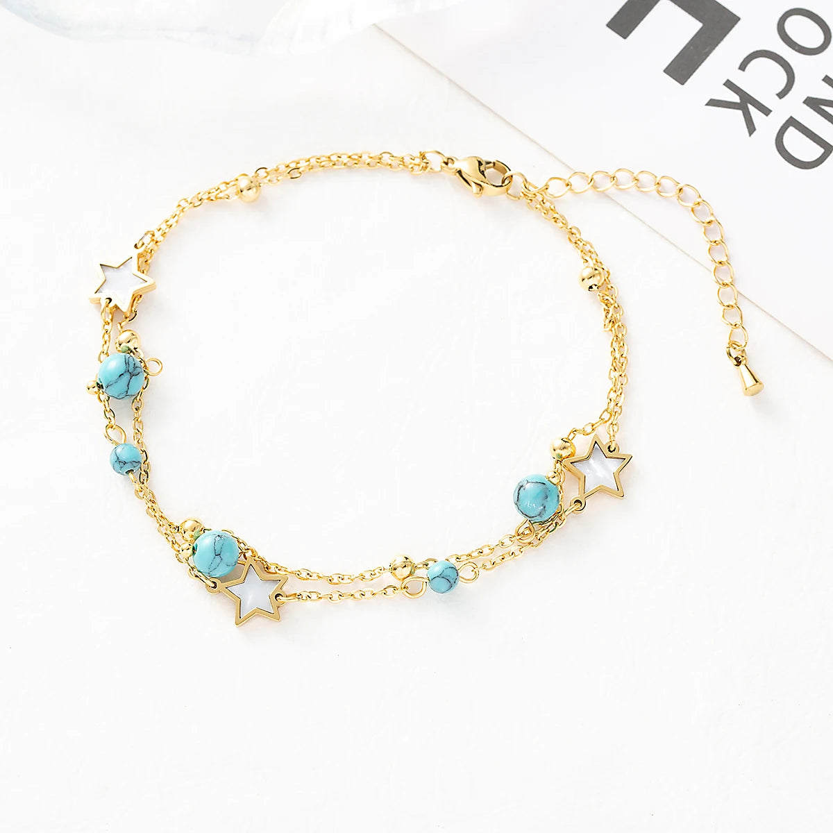 SERÉA - 
1 set of Turquoise inlaid star devil's eye lady's ankle chain stainless steel plated 18K gold ankle layered chain chain