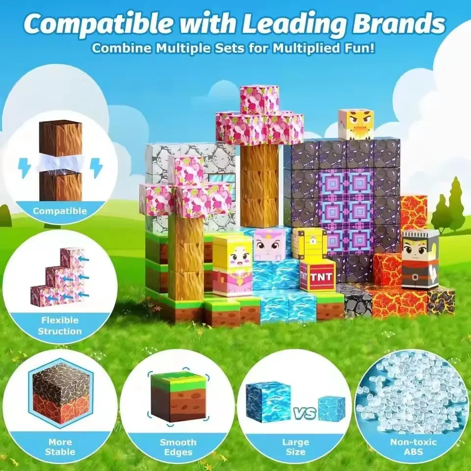 32-200PCS Magnetic Blocks-Build Mine Magnet World Set for Boys & Girls Age 3+, Sensory Toys for Toddlers Gifts Construction Toys