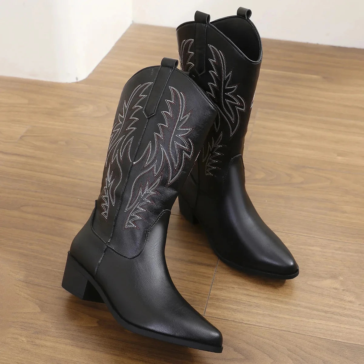 Cowbella - Women's Western Cowboy Knight Boots Large Size Long Tube Pointed Toe Square Heel Retro Style Winter Rubber Sole Shoes