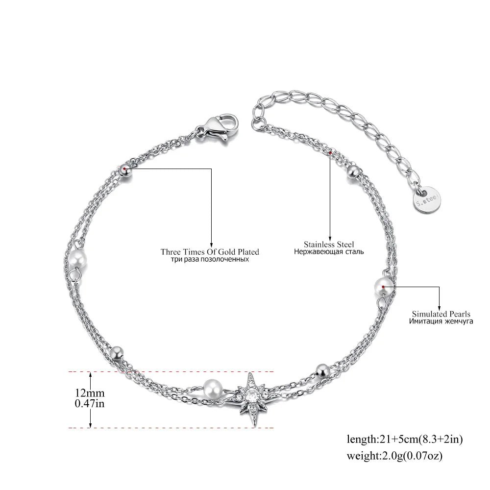 Bohera- 
Lokaer Boho Double Layer White Pearl Chain Link Anklet For Women 316L Stainless Steel CZ Crystal Star Jewelry Ножные цепи A24018