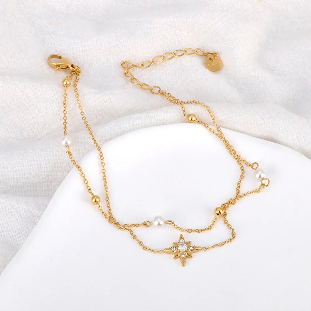 Bohera- 
Lokaer Boho Double Layer White Pearl Chain Link Anklet For Women 316L Stainless Steel CZ Crystal Star Jewelry Ножные цепи A24018