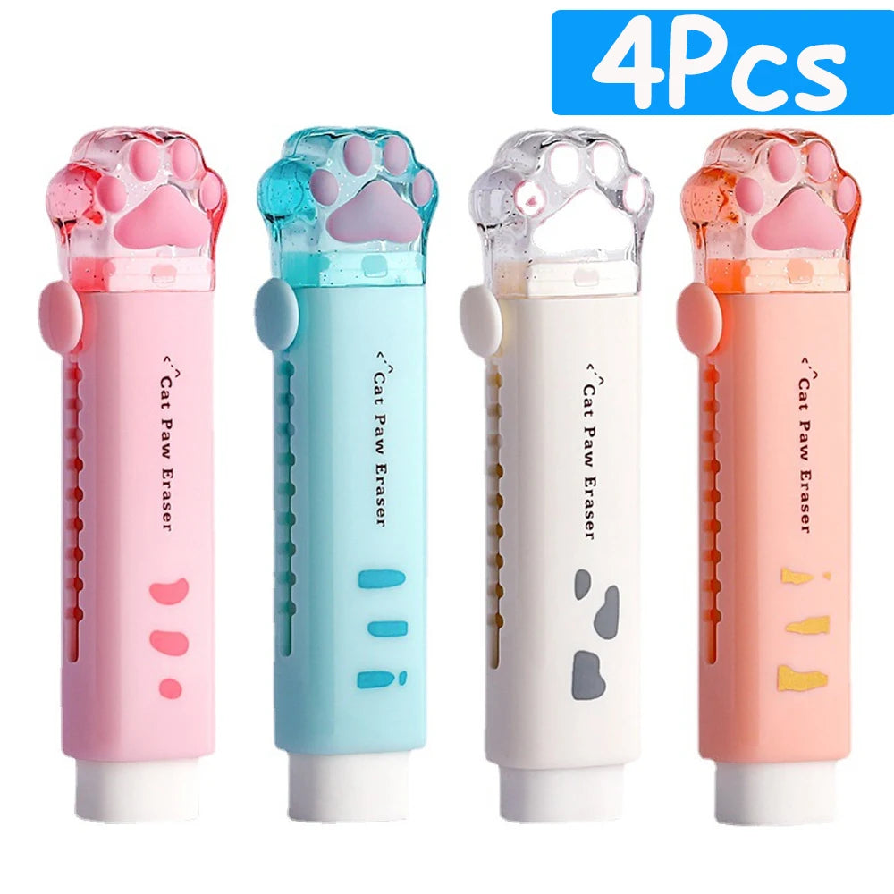 1-8Pcs New! Kawaii Cat Paw Rubber Erasers Retractable Pencil Eraser for Kids Students School Home Office Writing Drawing