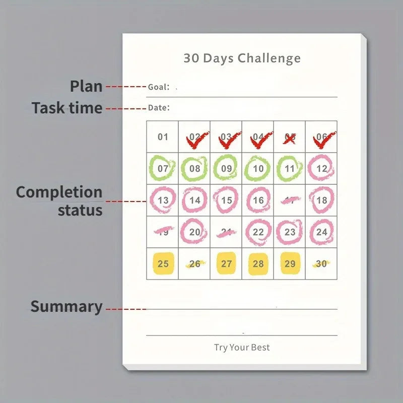 30 Day Self-Discipline Checklist Planner Daily Challenge Notepad Self-adhesive Memo Pads Mini Pocket Checklist Writing Pads