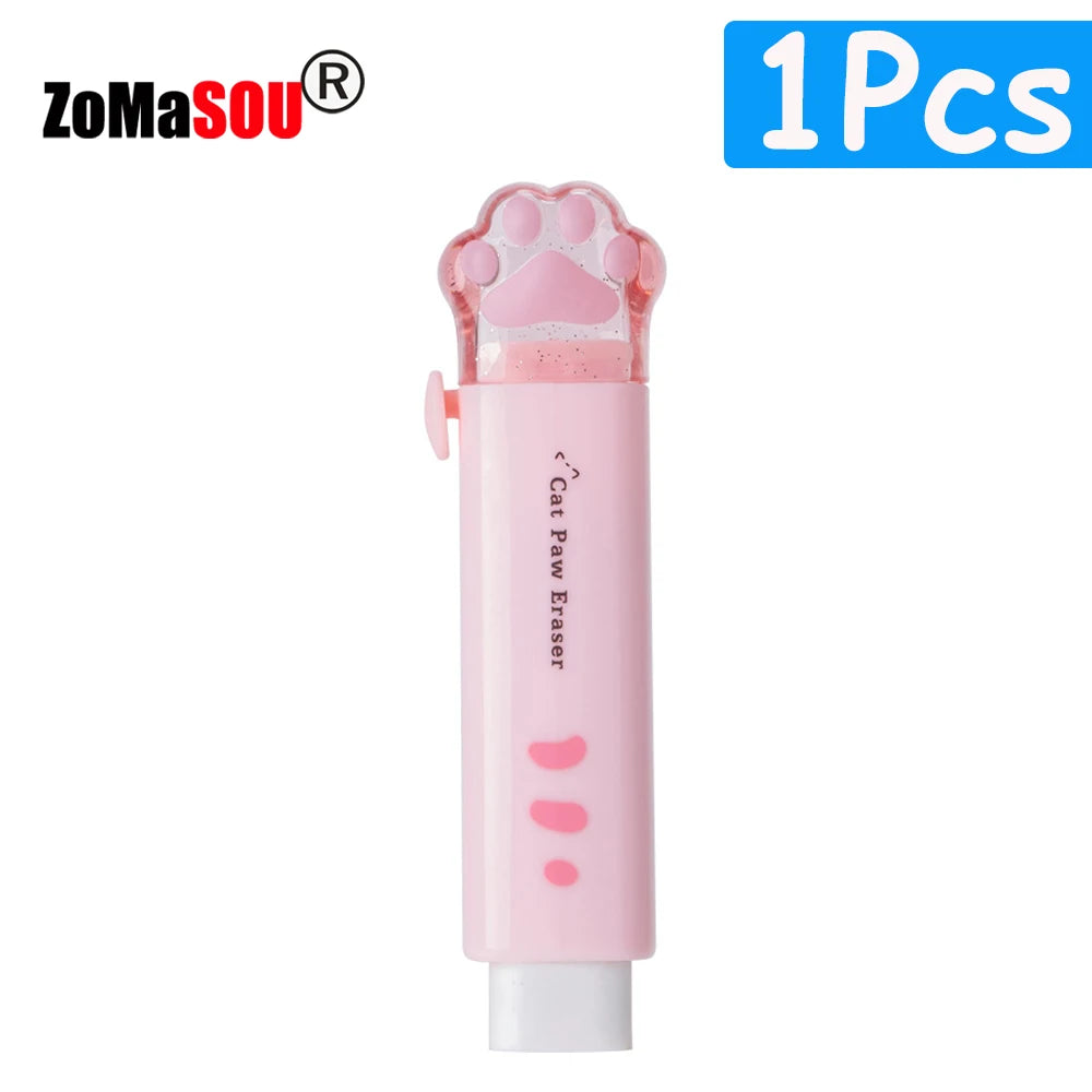 1-8Pcs New! Kawaii Cat Paw Rubber Erasers Retractable Pencil Eraser for Kids Students School Home Office Writing Drawing