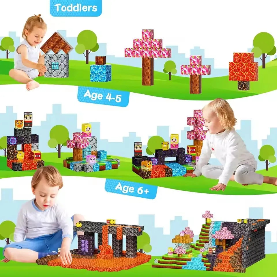 32-212PCS Magnetic Blocks-Build Mine Magnet World Set for Boys & Girls Age 3+, Sensory Toys for Toddlers Gifts Construction Toys