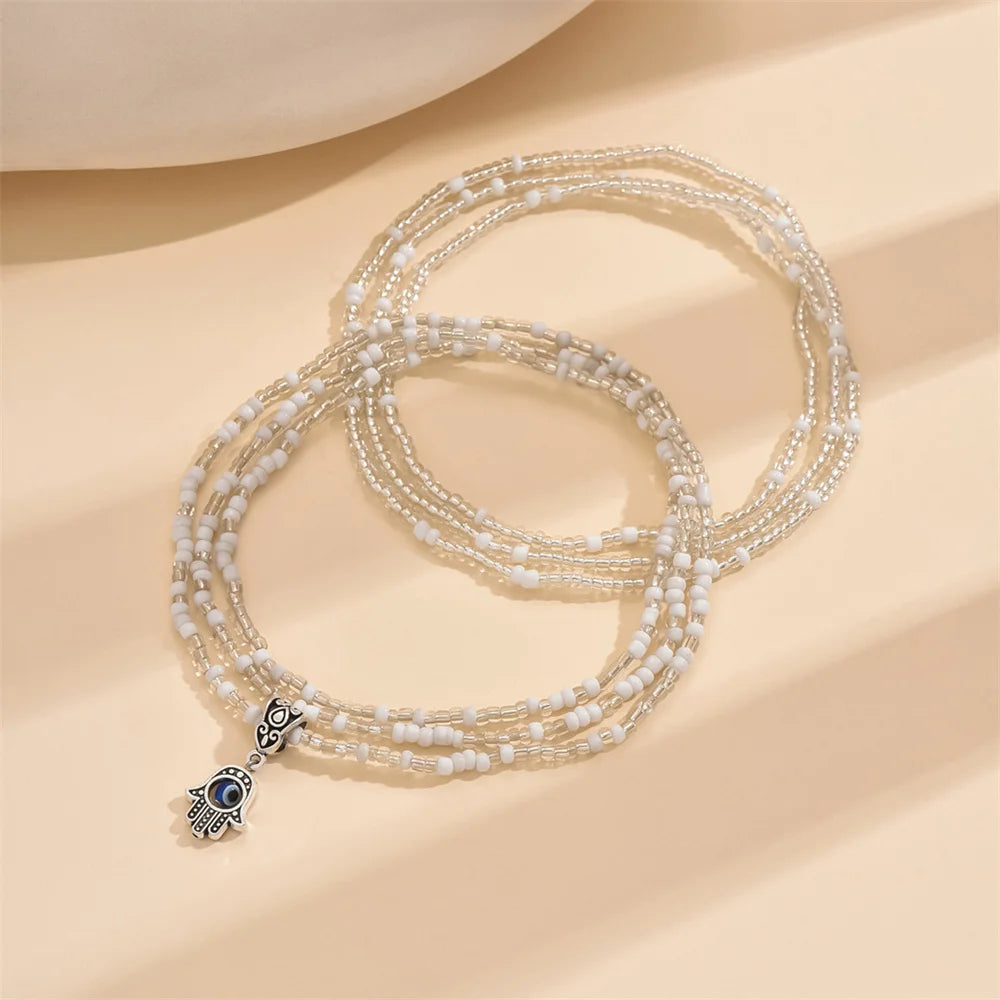 BEADY - 
Cute Small Hand Pendant White Rice Beads Anklets For Women Silver Color Foot Chain Ankle Bracelet Beach Jewelry Summer Accessory