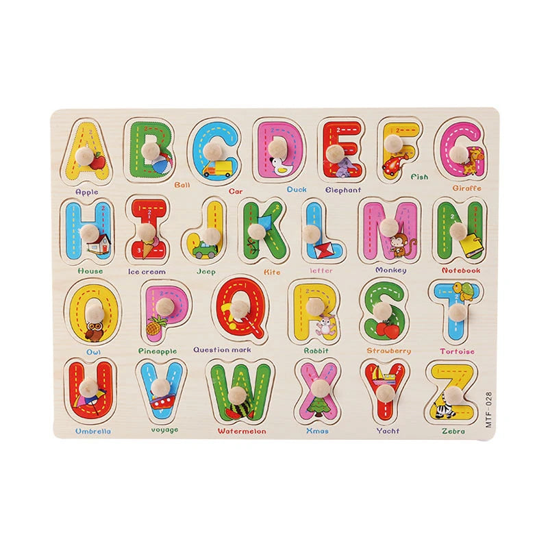 Toddlers Wooden Puzzle Montessori Baby Toys ABC Alphabet Number Shape Matching Board Game Preschool Educational Toy for Kids 2-4