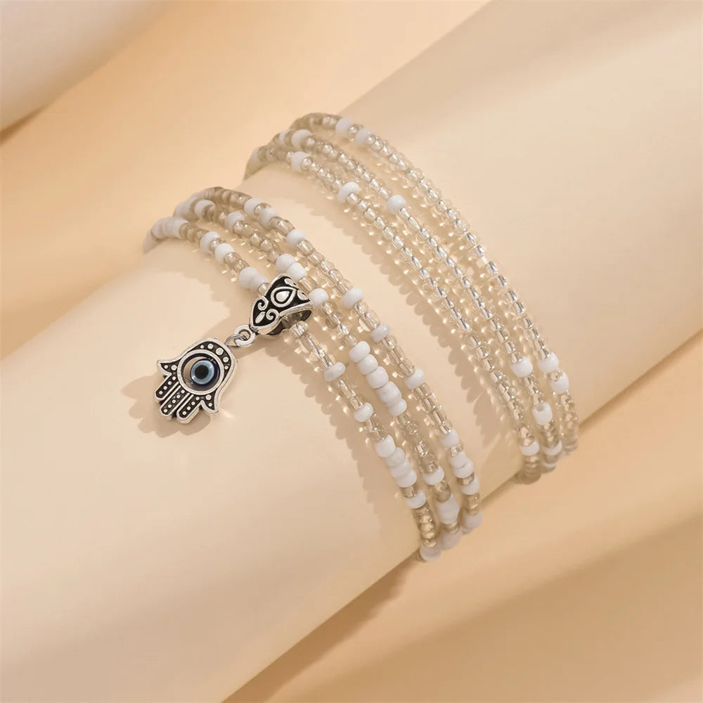 BEADY - 
Cute Small Hand Pendant White Rice Beads Anklets For Women Silver Color Foot Chain Ankle Bracelet Beach Jewelry Summer Accessory
