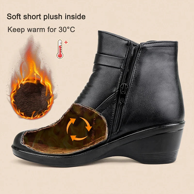 Fashion Winter  - Women Ankle Boots PU Leather Female Thick Plush Warm Snow Boots Mother Waterproof Non-slip Booties Luxury