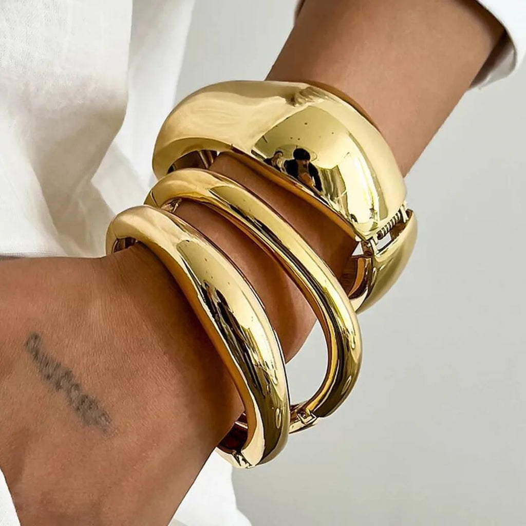 Metalora - Ingemark 3 Styles Punk Metal Spring Wide Bangles Women Hip Hop Gold Color Geometric Arm Bracelets Grunge Jewelry Steampunk Men