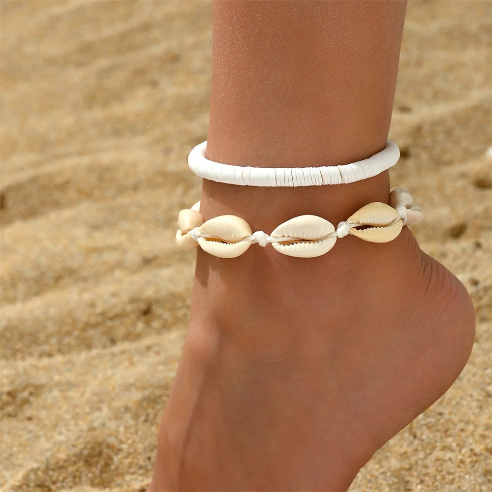 ShellMuse - 2pcs/Set Creative Ocean Animal Conch Shell Anklets For Women White Foot Chains Beach Jewelry Ankle Bracelet Summer Accessories