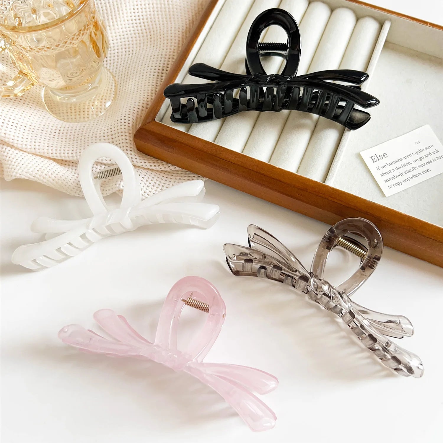 Bowrella - Korean Large Ribbon Hair Claw Crab Barrettes For Women Girls Sweet Acrylic Shark Bow Hair Clip Hairpin Ponytail Hair Accessories