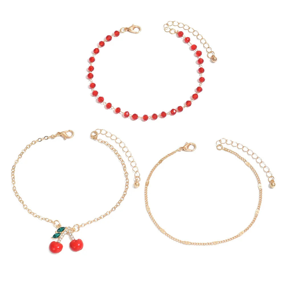 CherrySole - Cute Cherry Pendant Red Rice Beads Anklets For Women Charm Gold Color Foot Chain Ankle Bracelet Beach Jewelry Summer Accessories