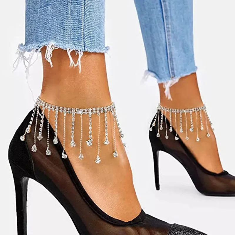 TASSERA - 
2pcs Boho Rhinestone Ankle Bracelet on leg Foot Jewelry for Women Drop Crystal Tassel Anklet High Heeled Tennis Foot Chain